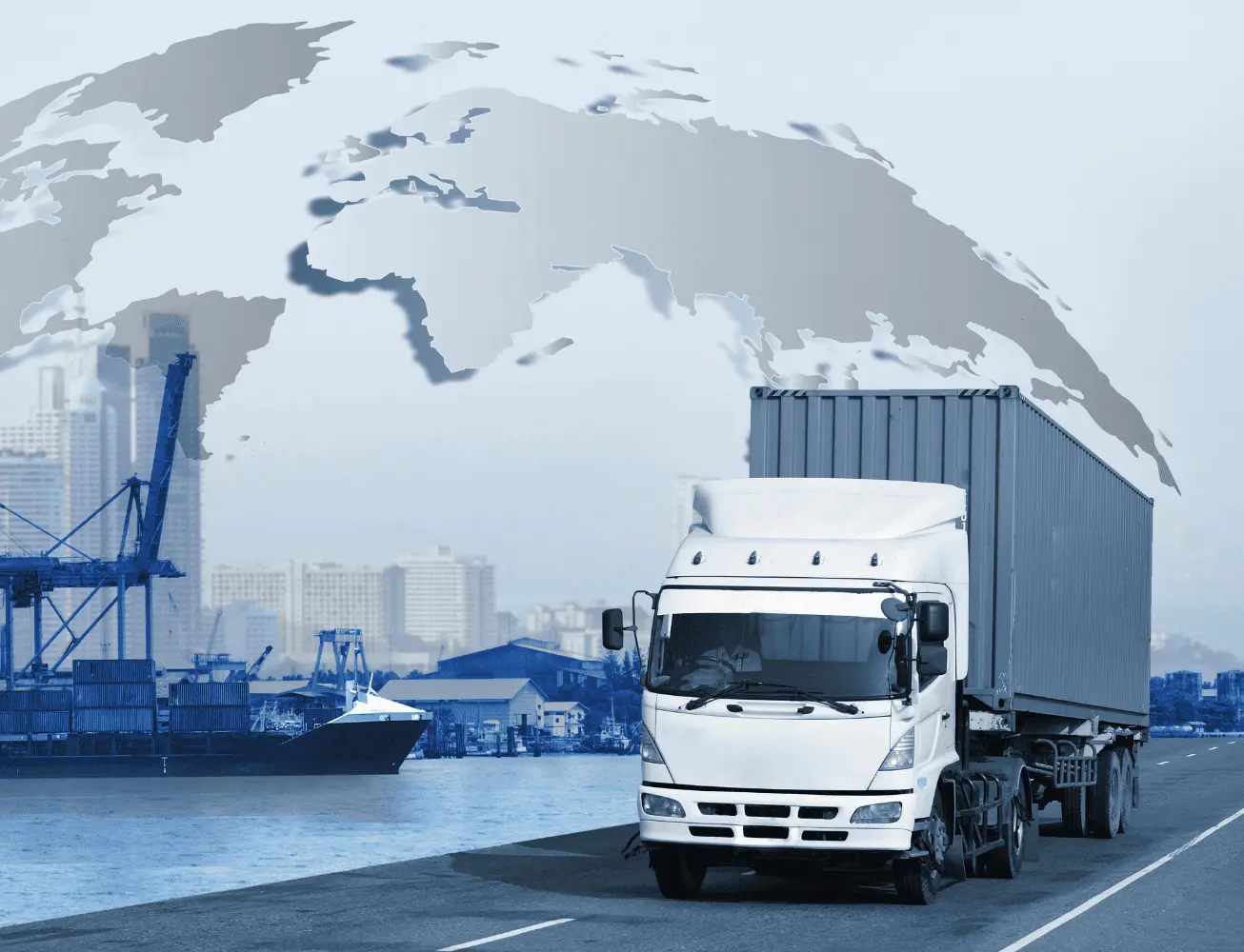 LKW mit Container vor Hafenkulisse